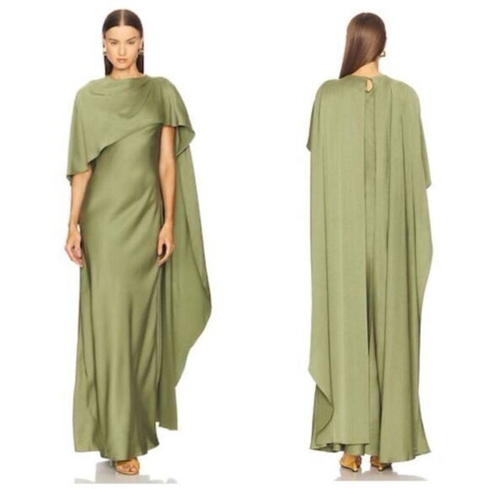 SIMKHAI Womens Izel Boat Neck Satin Draped Cape Gown Olive Green Size 2